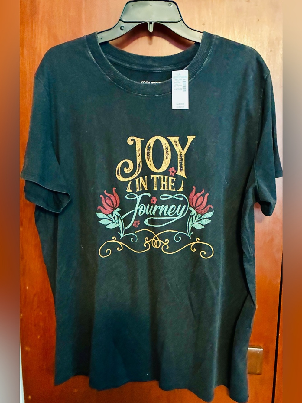 Maurices Black Short Sleeve Tee with Gold, Red and Green Floral Graphic